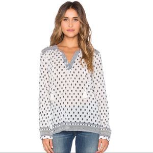 Soft Joie Sefrina Print White Blue Crinkle Gauzy Cotton Peasant Top Blouse Large